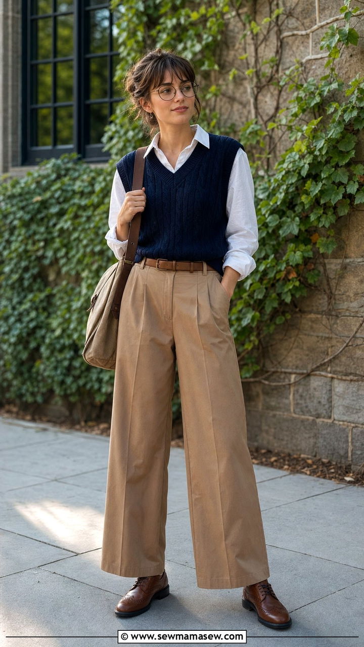 Sweater Vest and Collared Shirt with Wide Leg Pants - 25 spring dark academia outfits