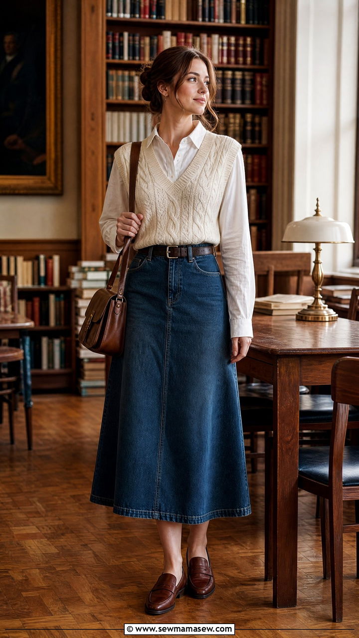 Sweater Vest and Denim Midi Skirt Outfit - 25 chic denim skirt outfit ideas