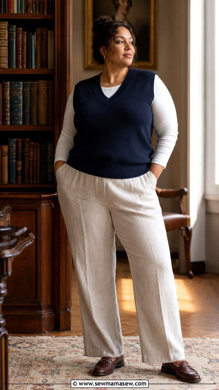 Sweater Vest and Linen Trousers - 30 Plus size loungewear outfit ideas