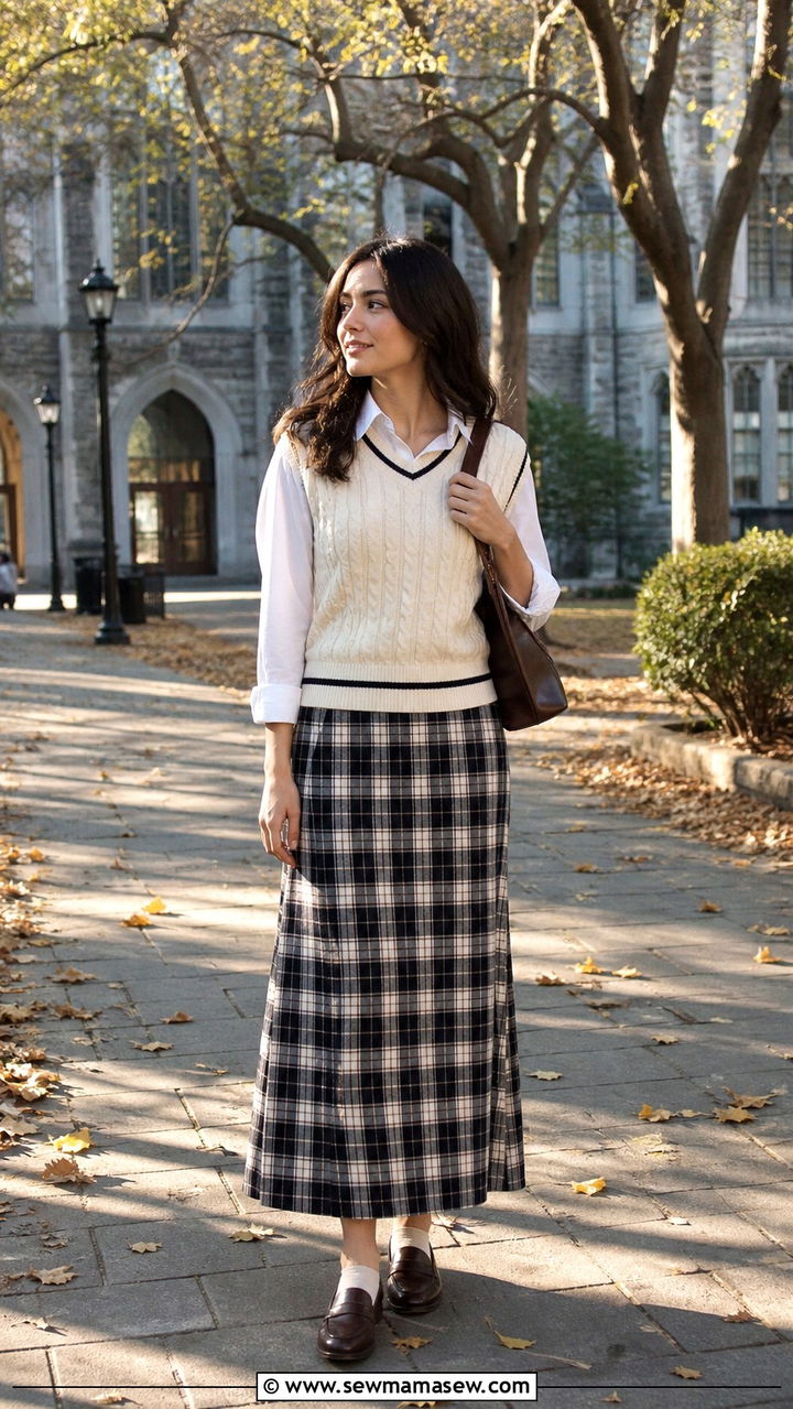 Sweater Vest and Plaid Maxi Skirt - 40 cute maxi skirt outfits