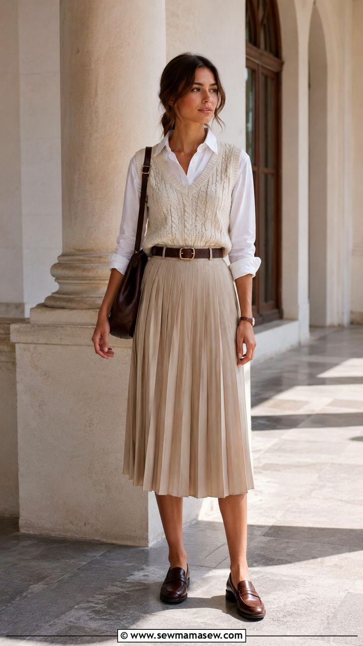 Sweater Vest and Pleated Midi Skirt with Loafers - 30 Pleated skirt outfit ideas for summer
