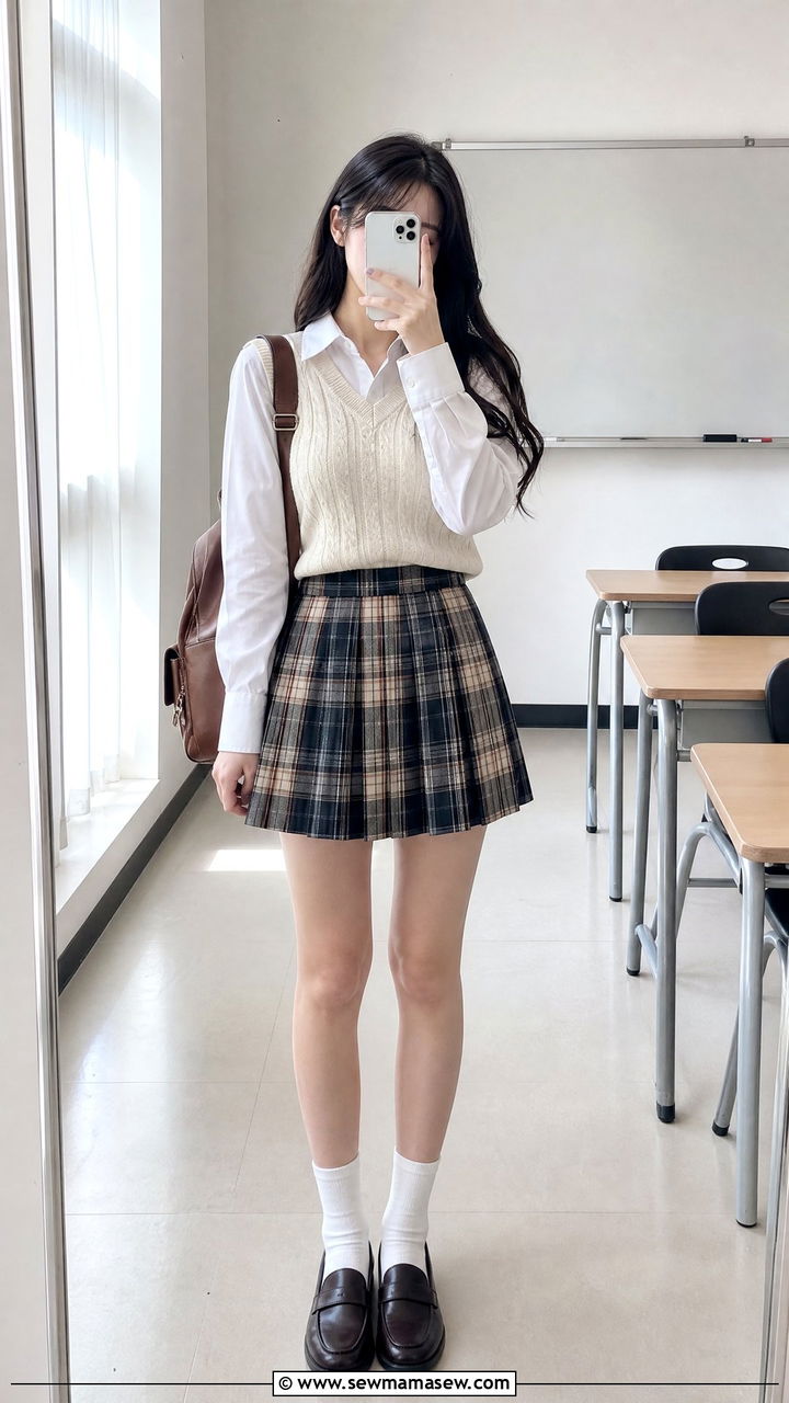 Sweater Vest and Pleated Skirt - 30 School outfit ideas with skirt