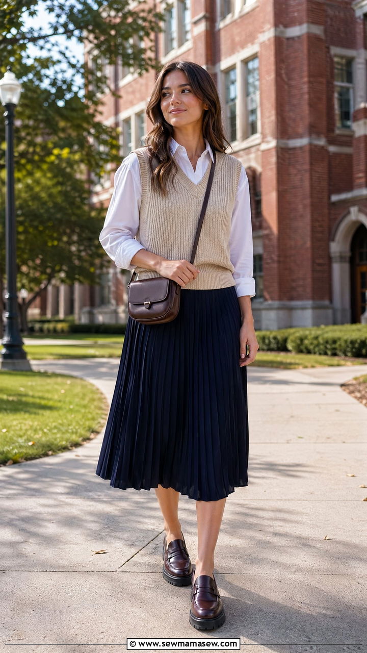 Sweater Vest and Pleated Skirt Outfit - 35 easy outfit ideas for women