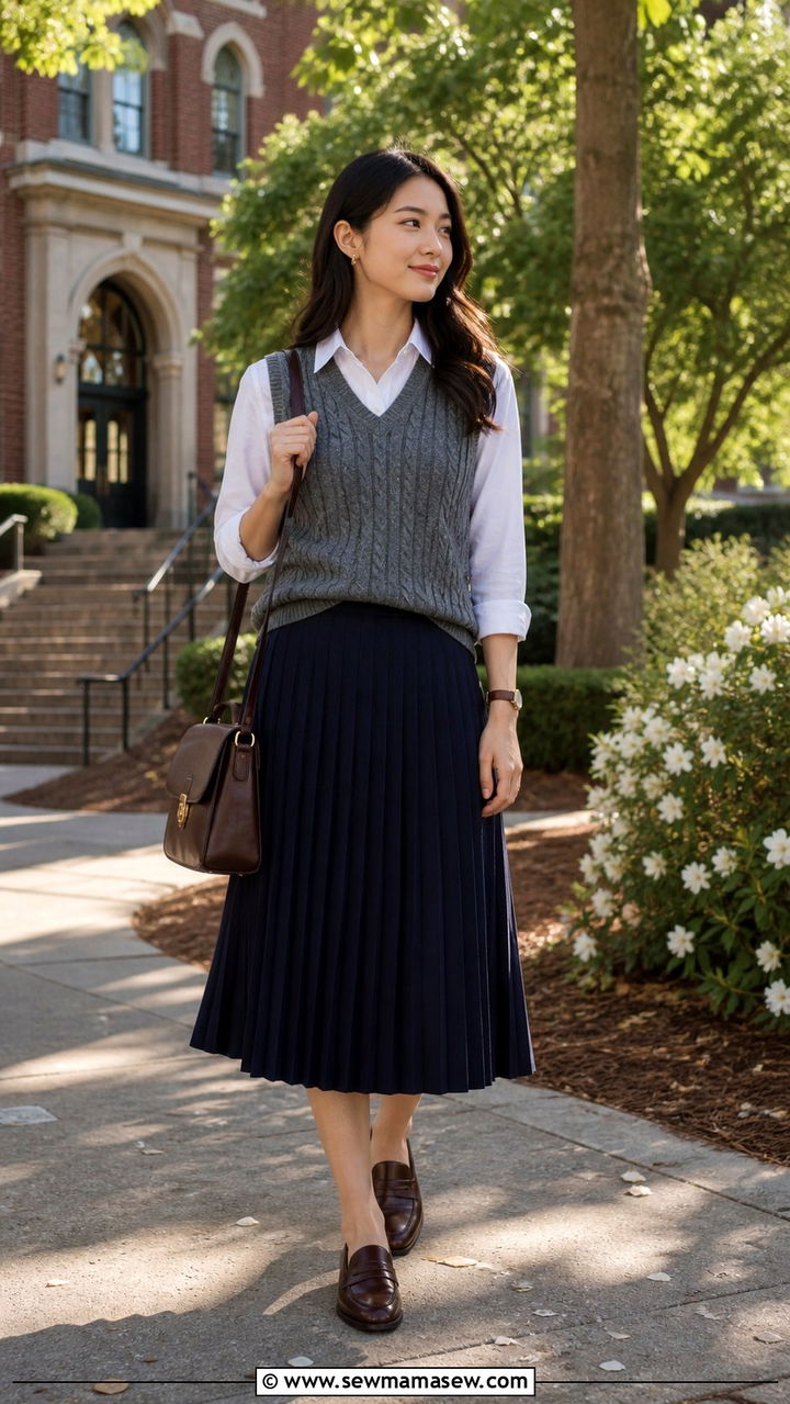 Sweater Vest and Pleated Skirt with Loafers - 40 weekend outfit ideas for women