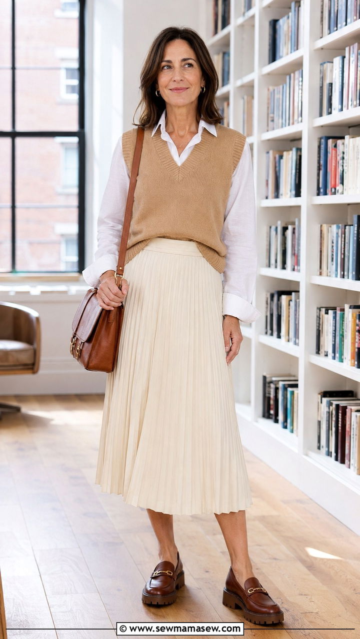Sweater Vest and Pleated Skirt - 25 pleated skirt outfits for women over 40
