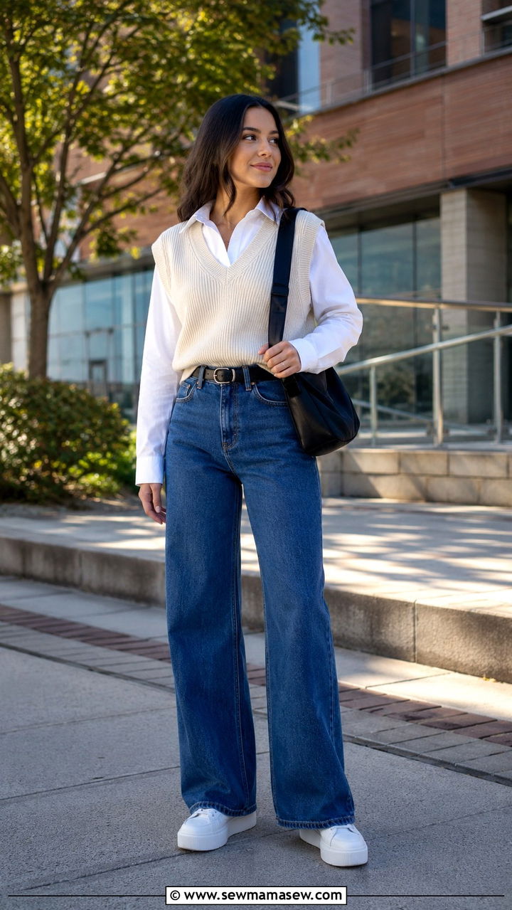 Sweater Vest and Wide Leg Jeans With Platform Sneakers - 25 Wide leg jeans outfit ideas with a sweater