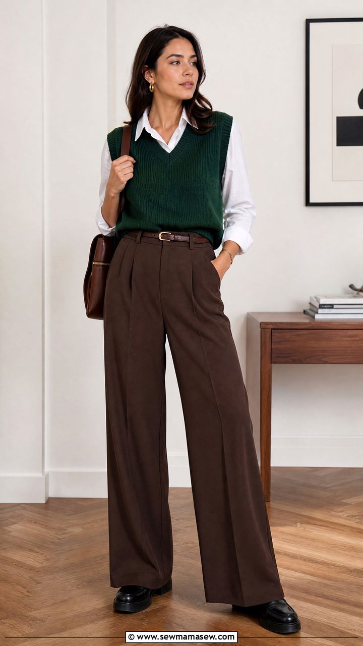 Sweater Vest and Wide Leg Trousers Office Look - 30 Dark academia work outfits