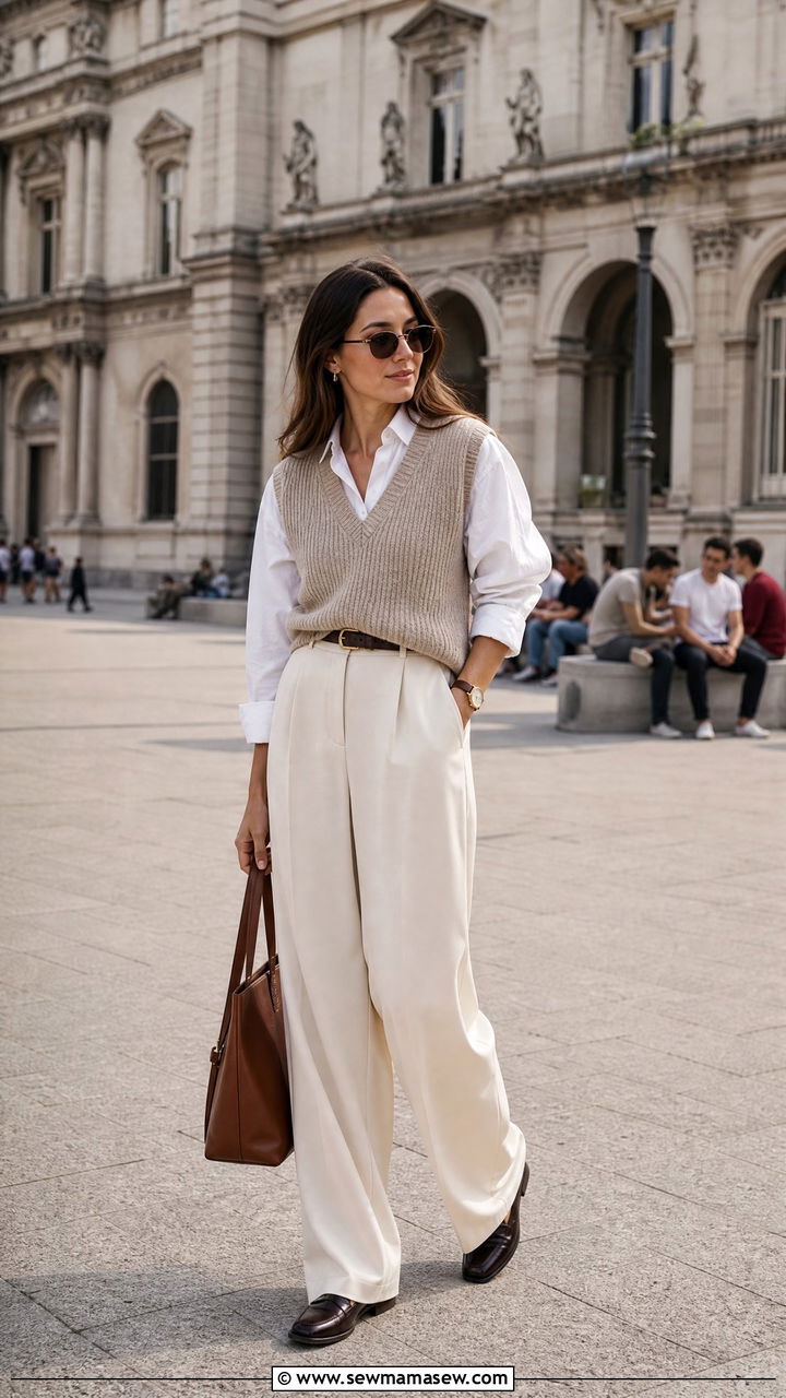 Sweater Vest and Wide Leg Trousers Travel Outfit - 40 travel outfits ideas