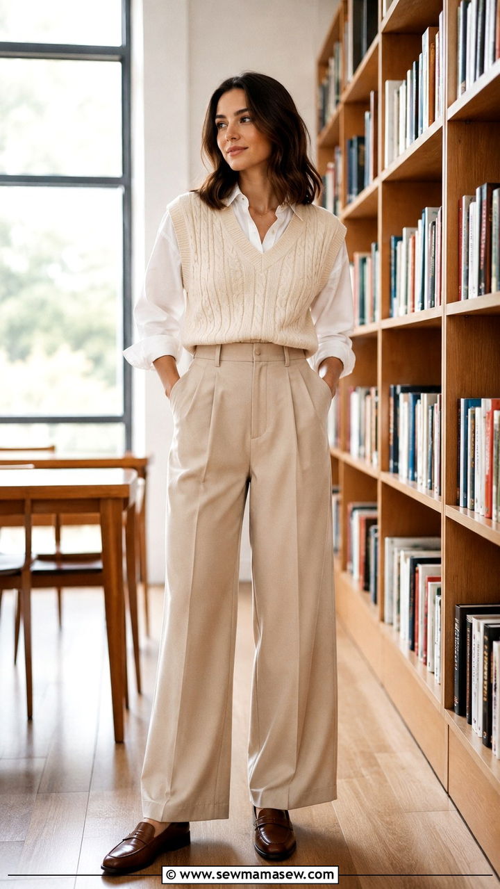 Sweater Vest and Wide Leg Trousers With Loafers - 20 Spring outfits for long legs