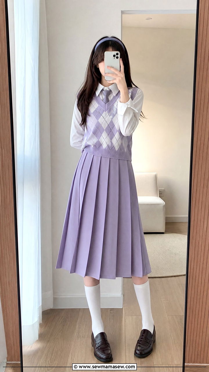 Sweater Vest over Collared Shirt with Pleated Skirt Outfit - 25 School outfit ideas for teens spring 2026