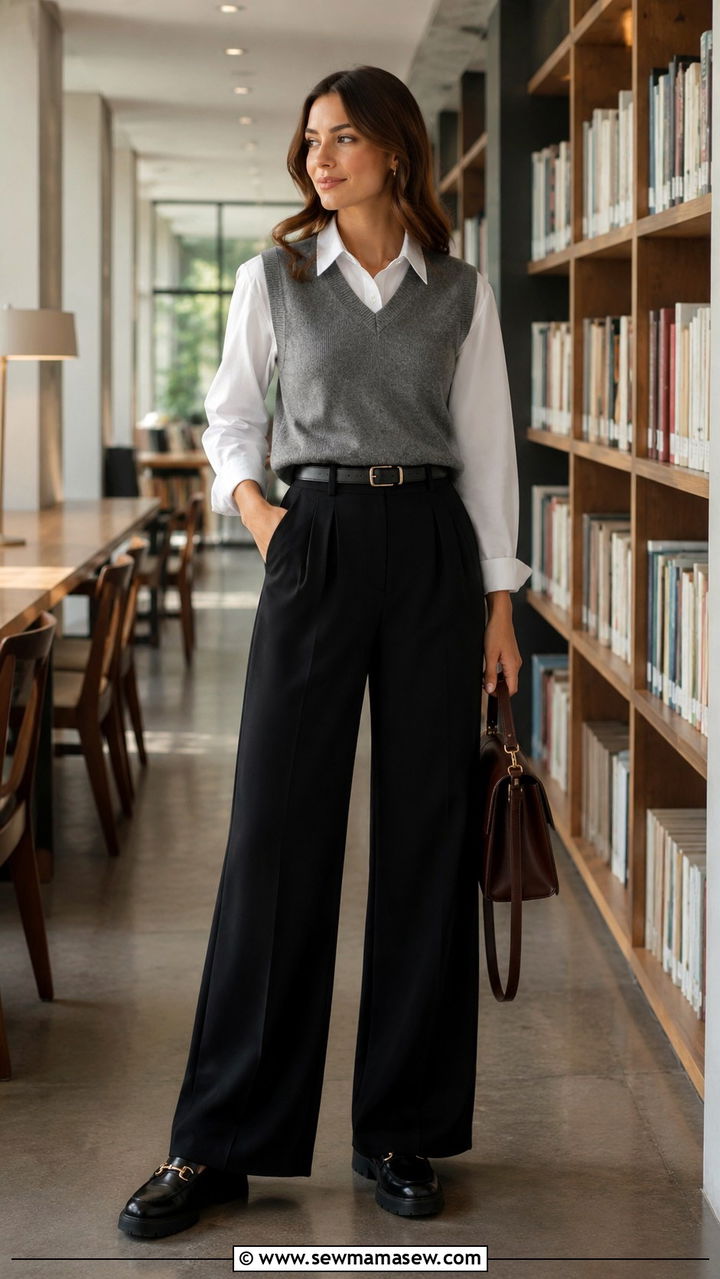 Sweater Vest over a Collared Shirt with Wide Leg Trousers - 25 Outfit ideas for rectangle body 2026