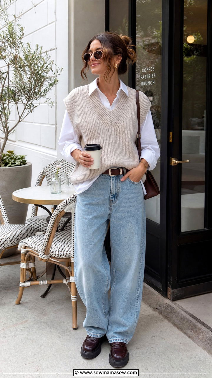 Sweater Vest with Baggy Jeans and Loafers - 30 streetwear outfit ideas for women