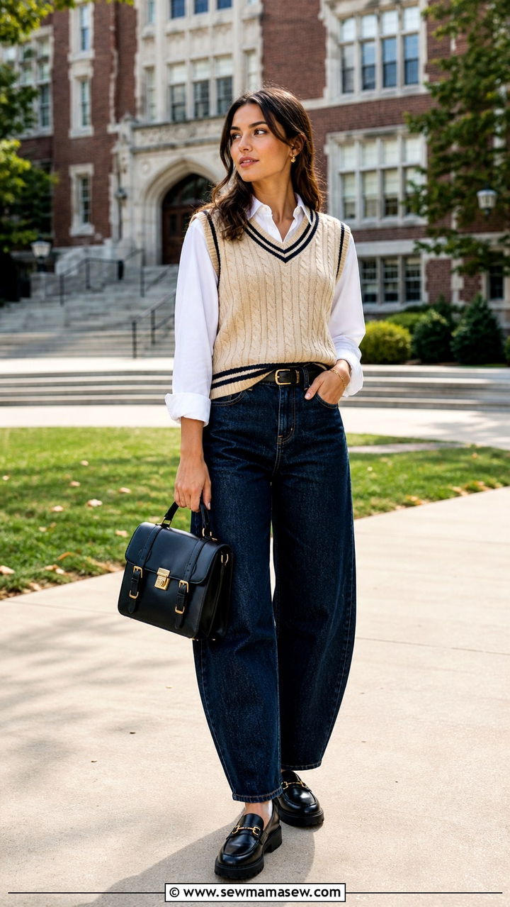 Sweater Vest with Barrel Jeans and Chunky Loafers - 40 jeans outfit ideas for women