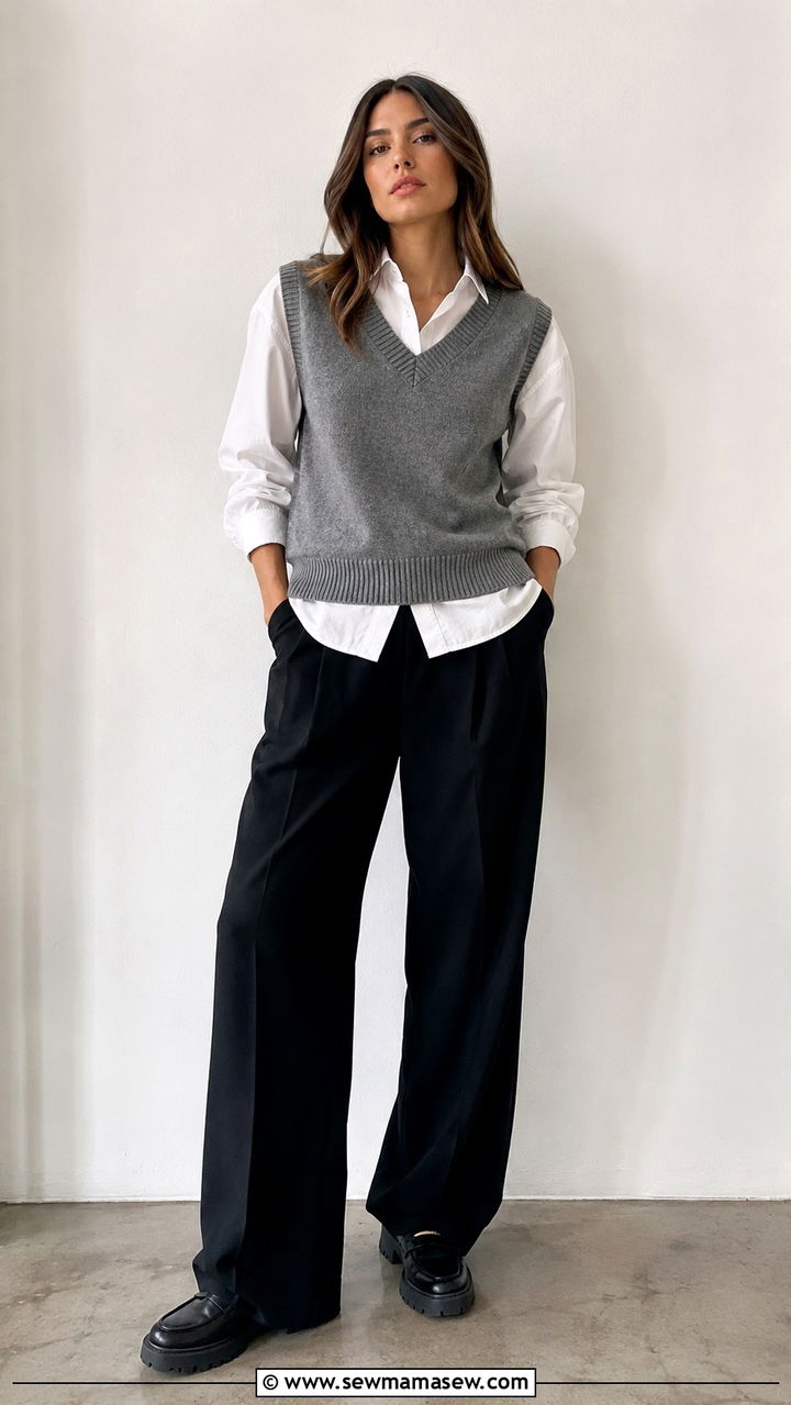 Sweater Vest with Button Down Shirt and Wide Leg Pants - 30 transitional street style outfits
