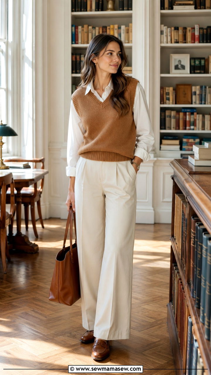Sweater Vest with Button Down Shirt and Wide Leg Trousers - 30 spring capsule wardrobe outfit ideas
