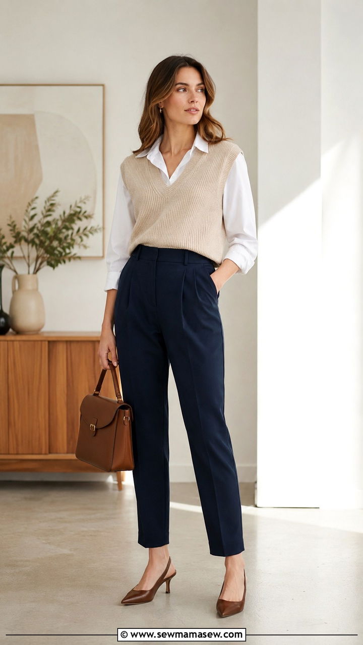 Sweater Vest with Button Up Shirt and Tailored Trousers - 30 spring transition outfit ideas