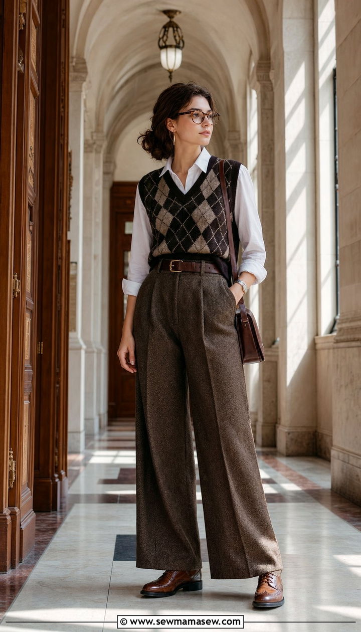 Sweater Vest with Button Up Shirt and Wide Leg Trousers - 25 cute dark academia outfits