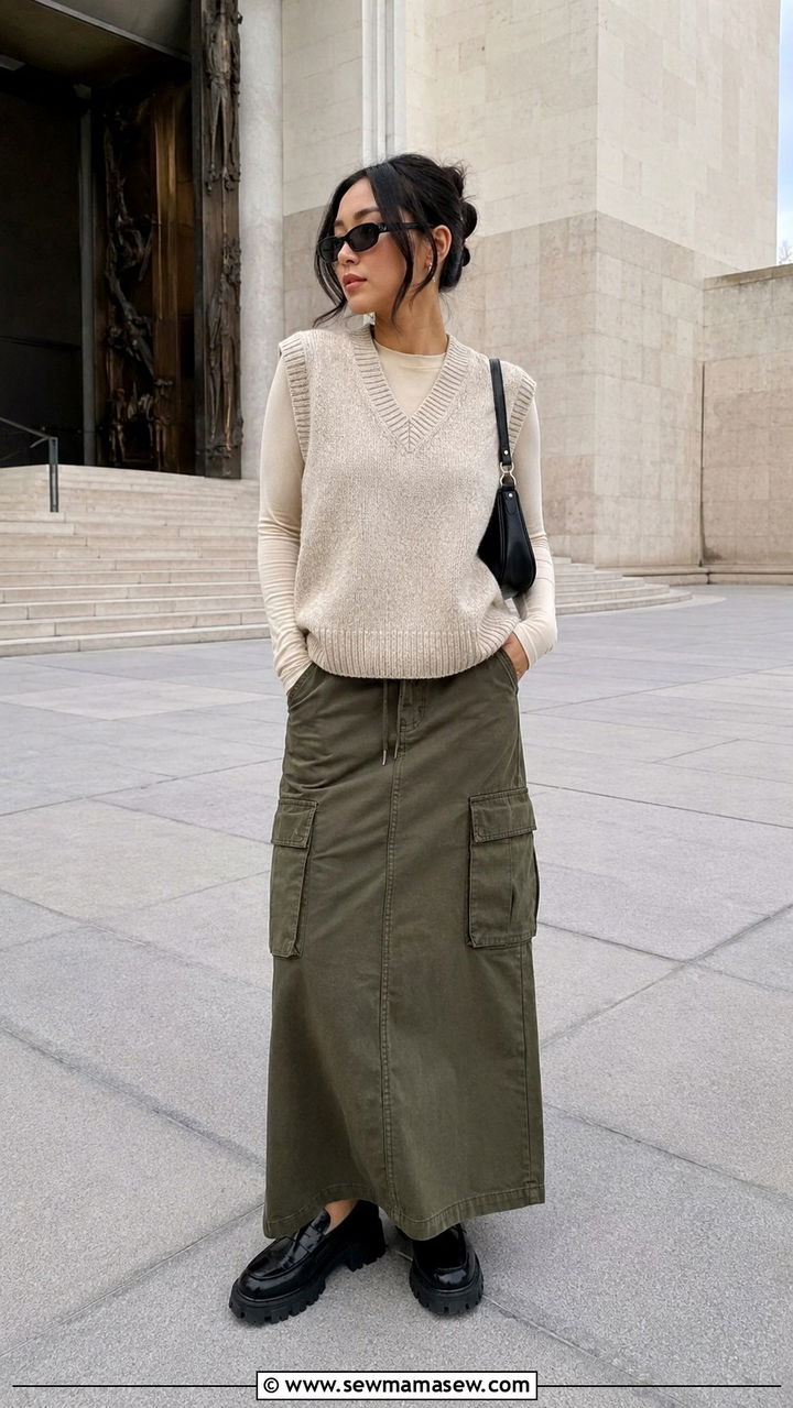 Sweater Vest with Cargo Maxi Skirt and Chunky Loafers - 30 sweater vest outfit ideas for women