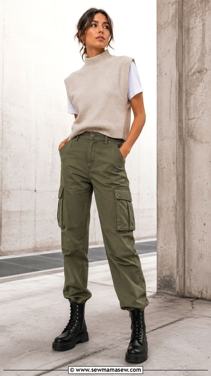 Sweater Vest with Cargo Pants and Combat Boots - 30 sweater vest outfit ideas for women