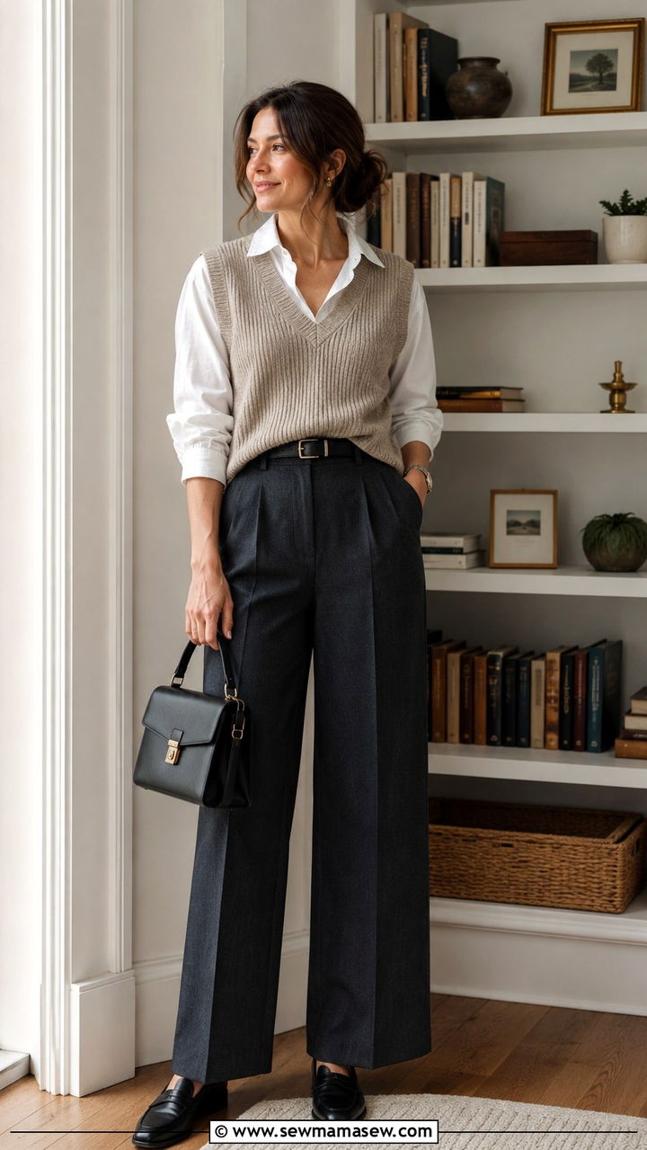 Sweater Vest with Collared Shirt Wide Leg Pants and Loafers - 30 classy outfits for moms