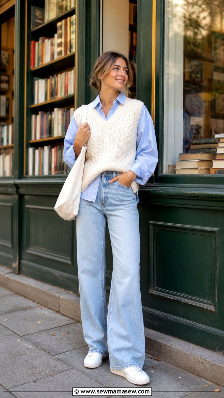 Sweater Vest with Collared Shirt and Jeans - 40 parisian outfits for women