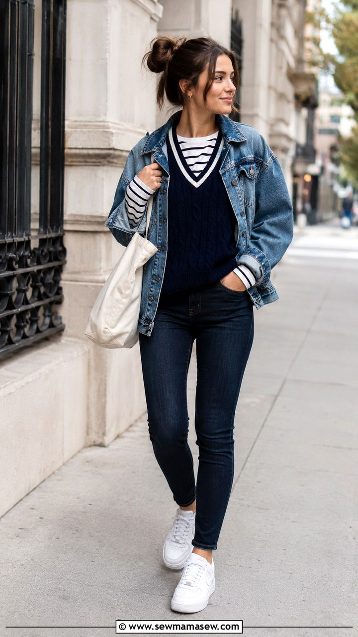 Sweater Vest with Denim Jacket and Skinny Jeans - 30 sweater vest outfit ideas for women