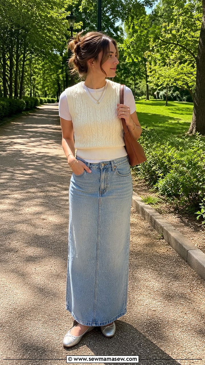 Sweater Vest with Denim Maxi Skirt and Ballet Flats - 30 sweater vest outfit ideas for women