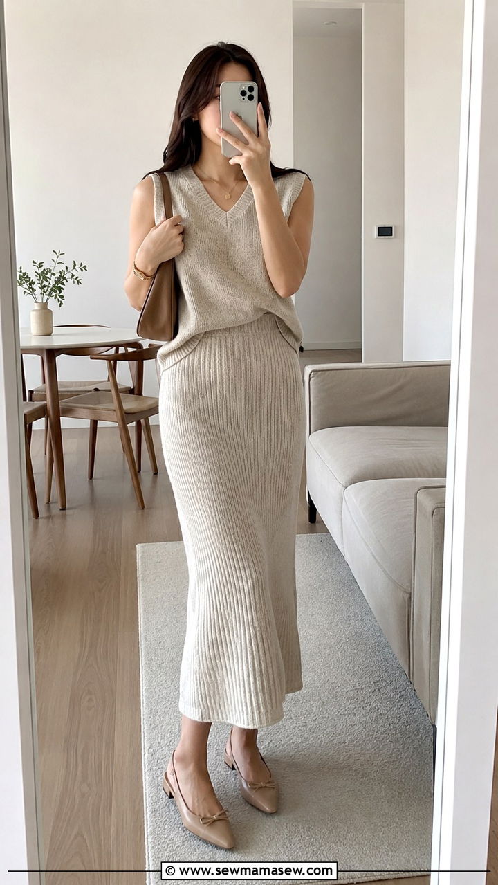 Sweater Vest with Knit Midi Skirt and Slingback Flats - 30 sweater vest outfit ideas for women