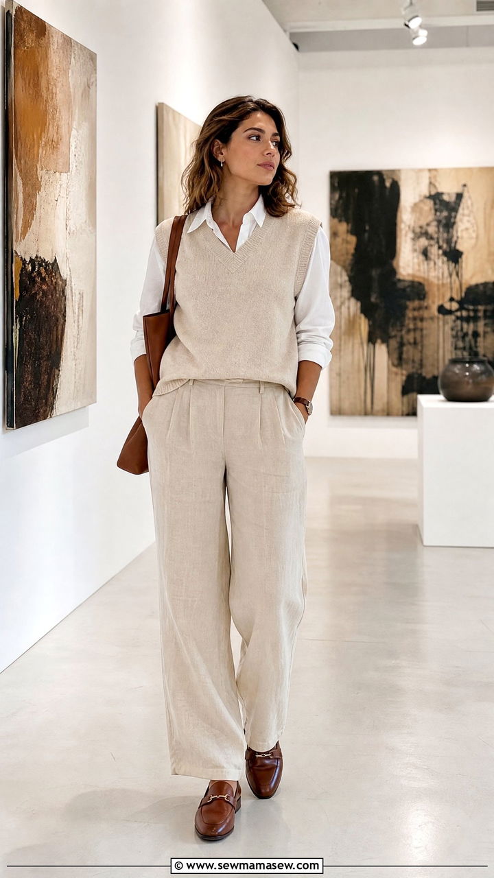 Sweater Vest with Linen Trousers - 30 summer to fall outfit ideas