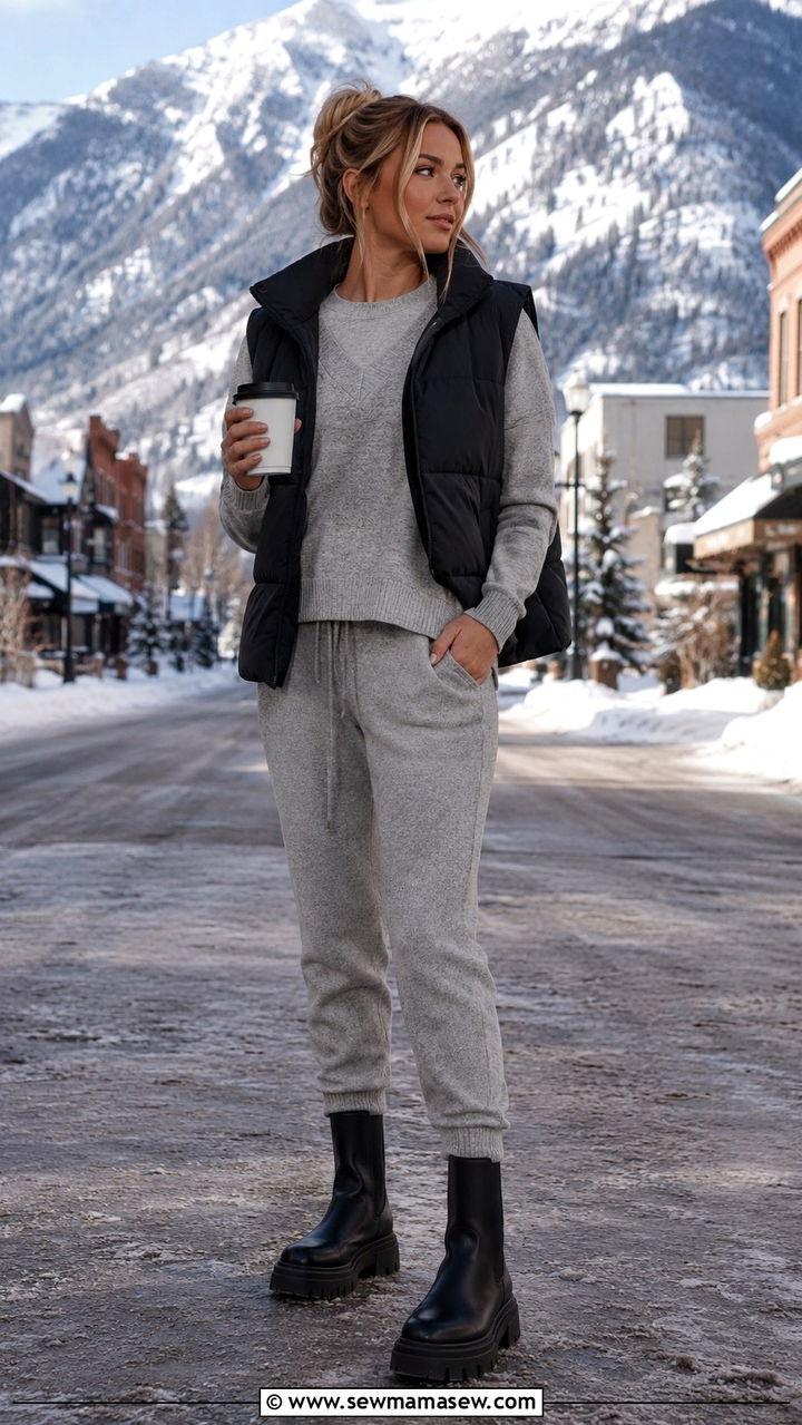 Sweater Vest with Monochrome Knit Lounge Set and Puffer Vest - 30 sweater vest outfit ideas for women