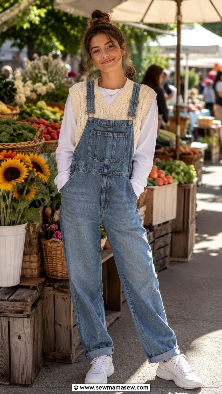 Sweater Vest with Overalls and Sneakers - 30 sweater vest outfit ideas for women
