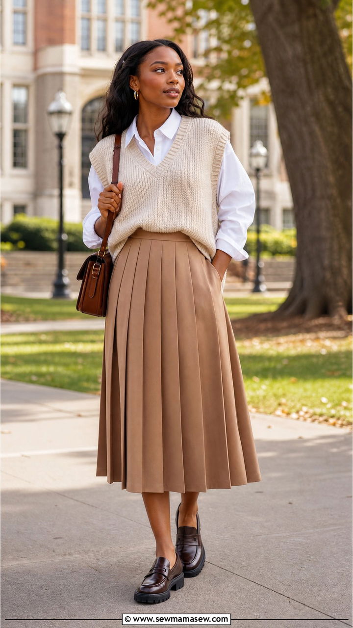 Sweater Vest with Pleated Midi Skirt - 30 outfit ideas for pear shaped body