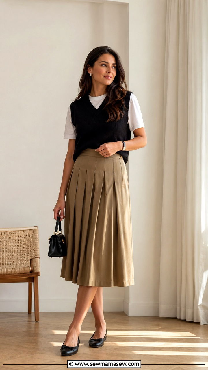 Sweater Vest with Pleated Midi Skirt and Ballet Flats - 30 Shoulder season outfit ideas