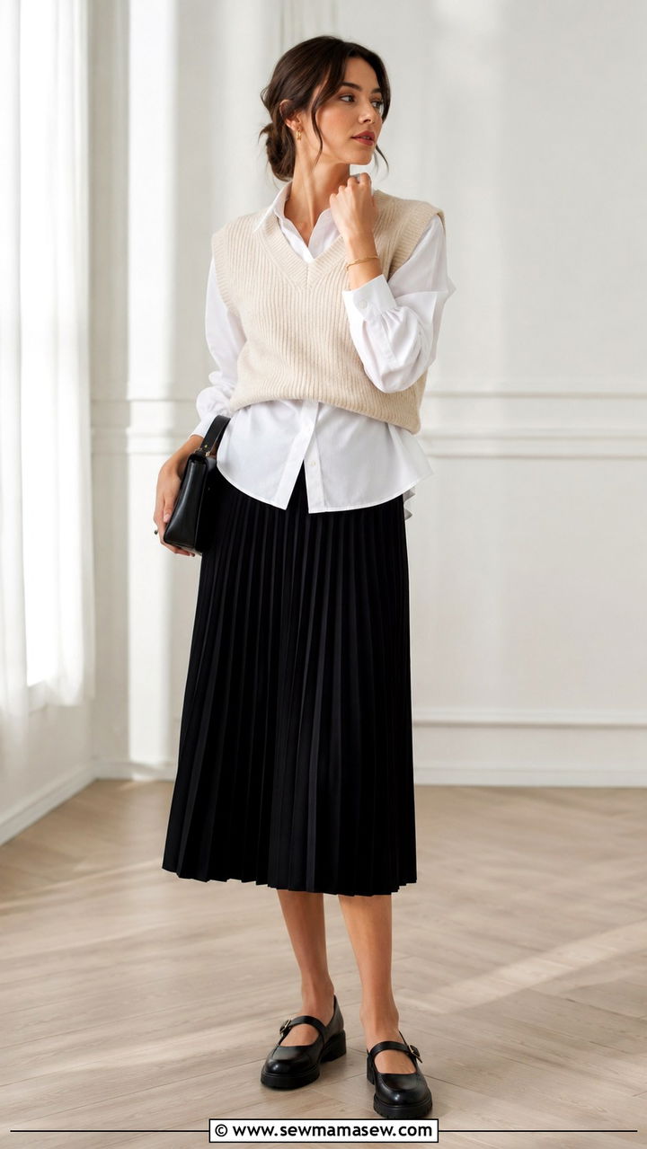 Sweater Vest with Pleated Midi Skirt and Mary Janes - 30 transitional street style outfits