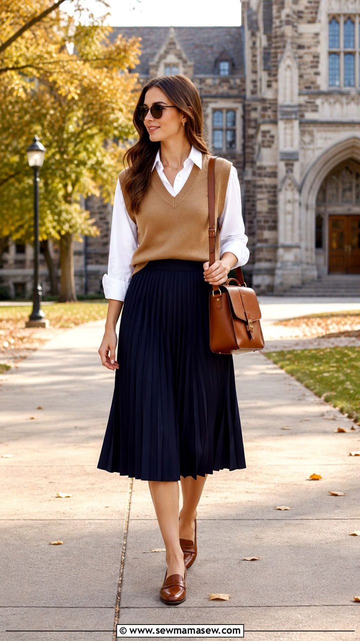 Sweater Vest with Pleated Midi Skirt - 30 classy errands outfits