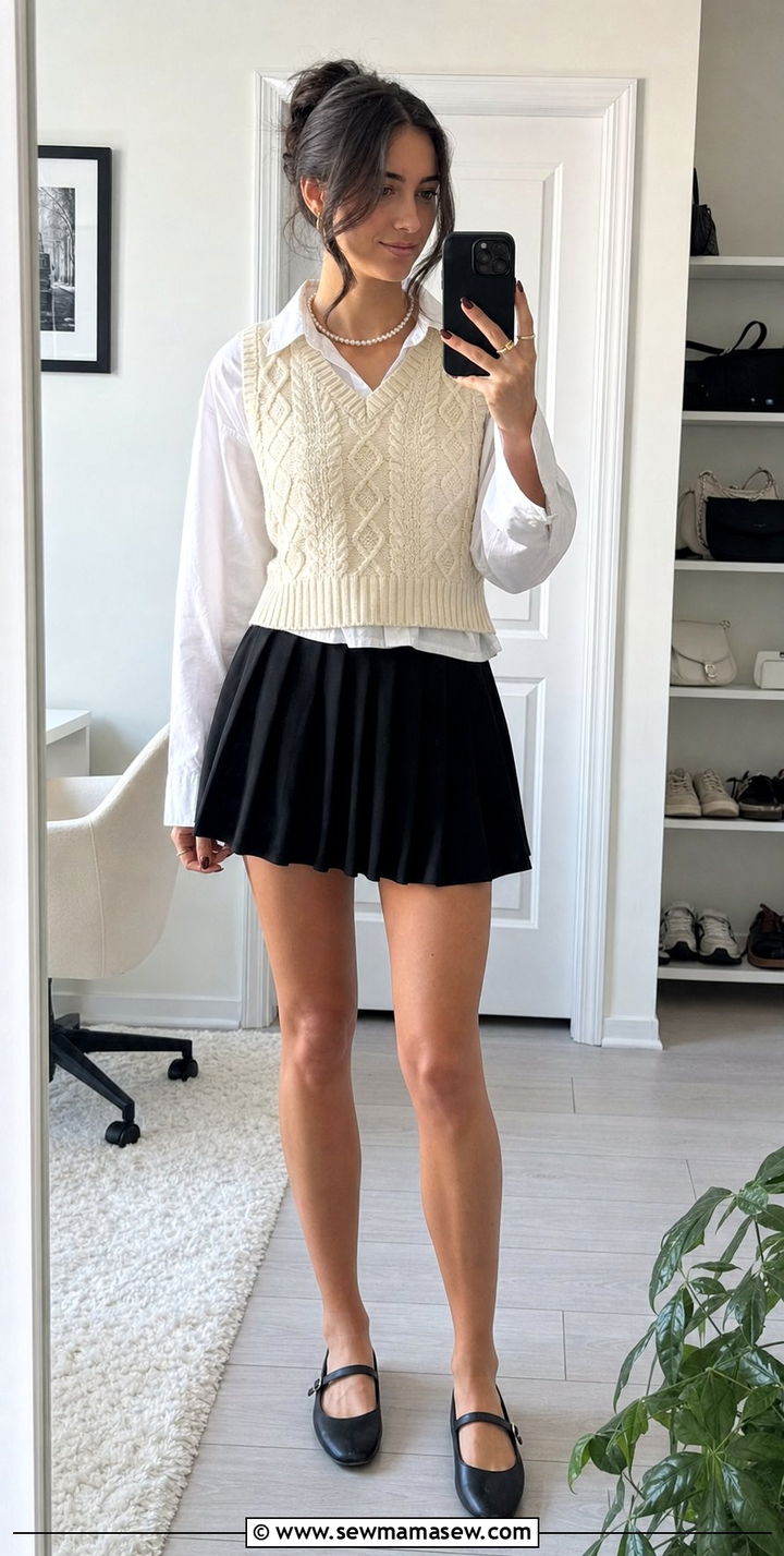 Sweater Vest with Pleated Skirt - 35 back to school outfits inspo
