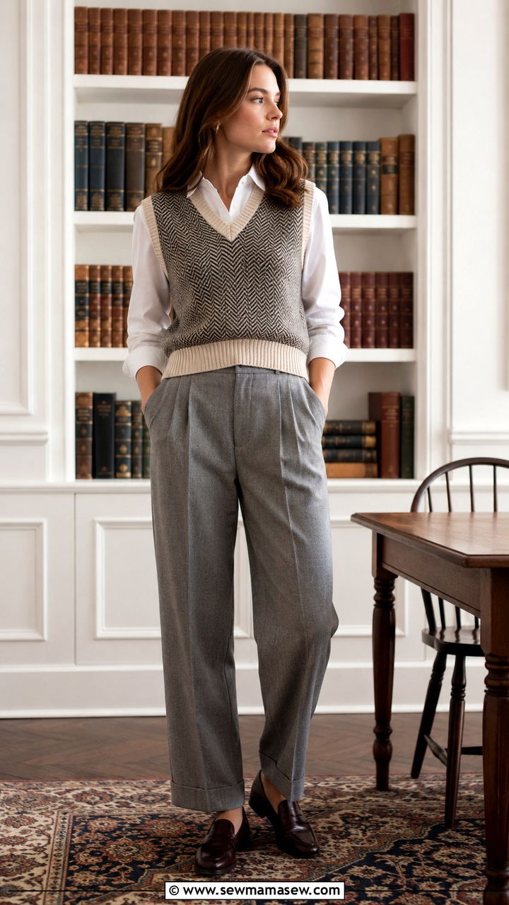 Sweater Vest with Pleated Trousers and Loafers - 30 sweater vest outfit ideas for women