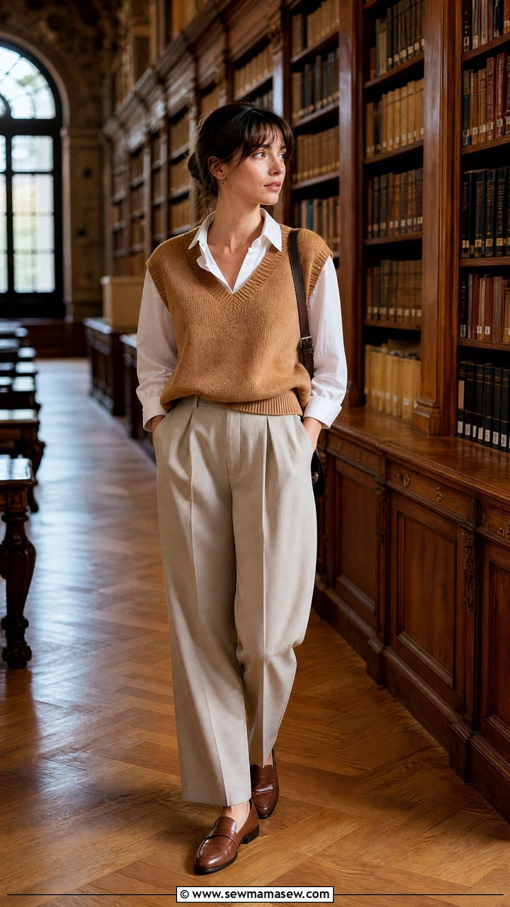Sweater Vest with Pleated Trousers and Loafers - 35 french girl outfits for women