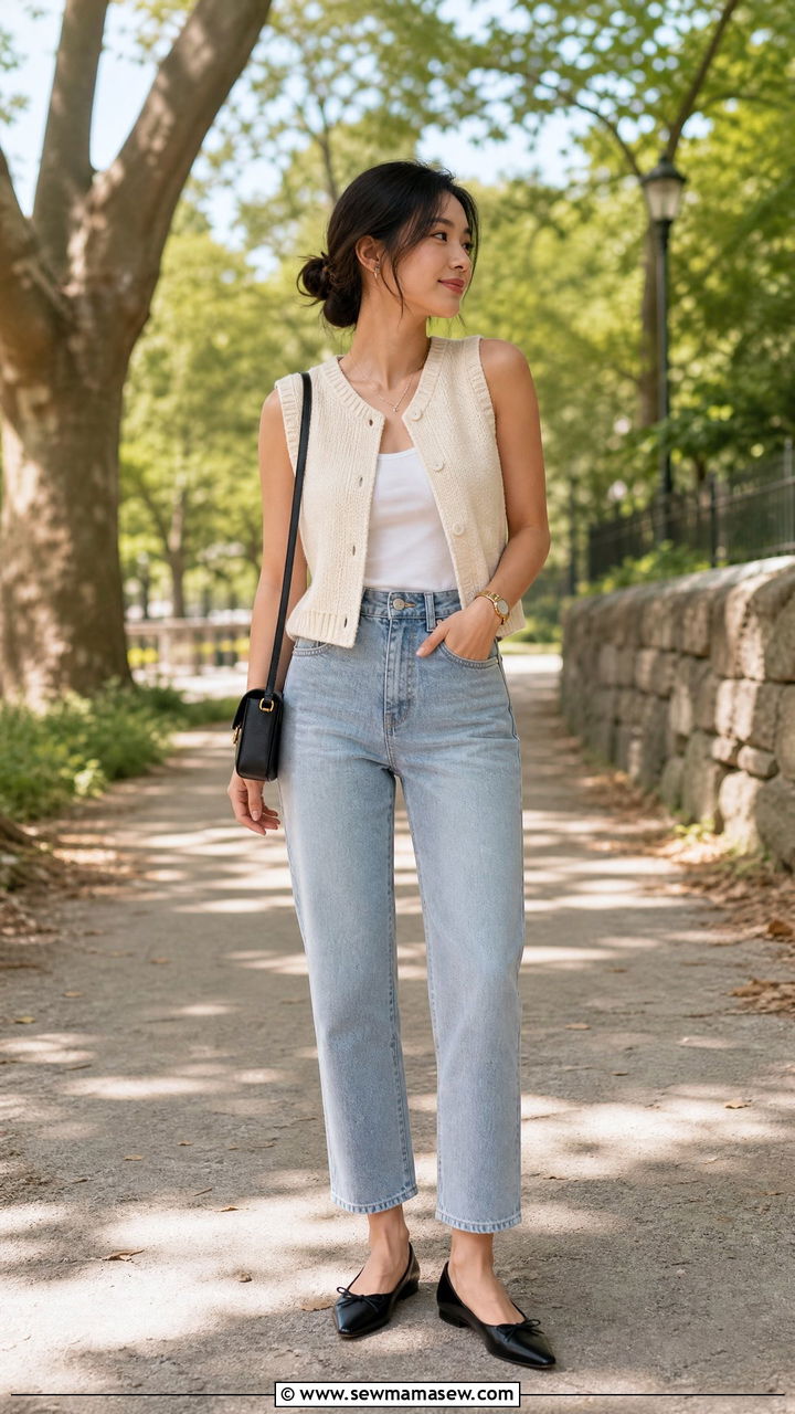 Sweater Vest with Straight Leg Jeans and Pointed Toe Flats - 30 Clean girl outfits for petite women