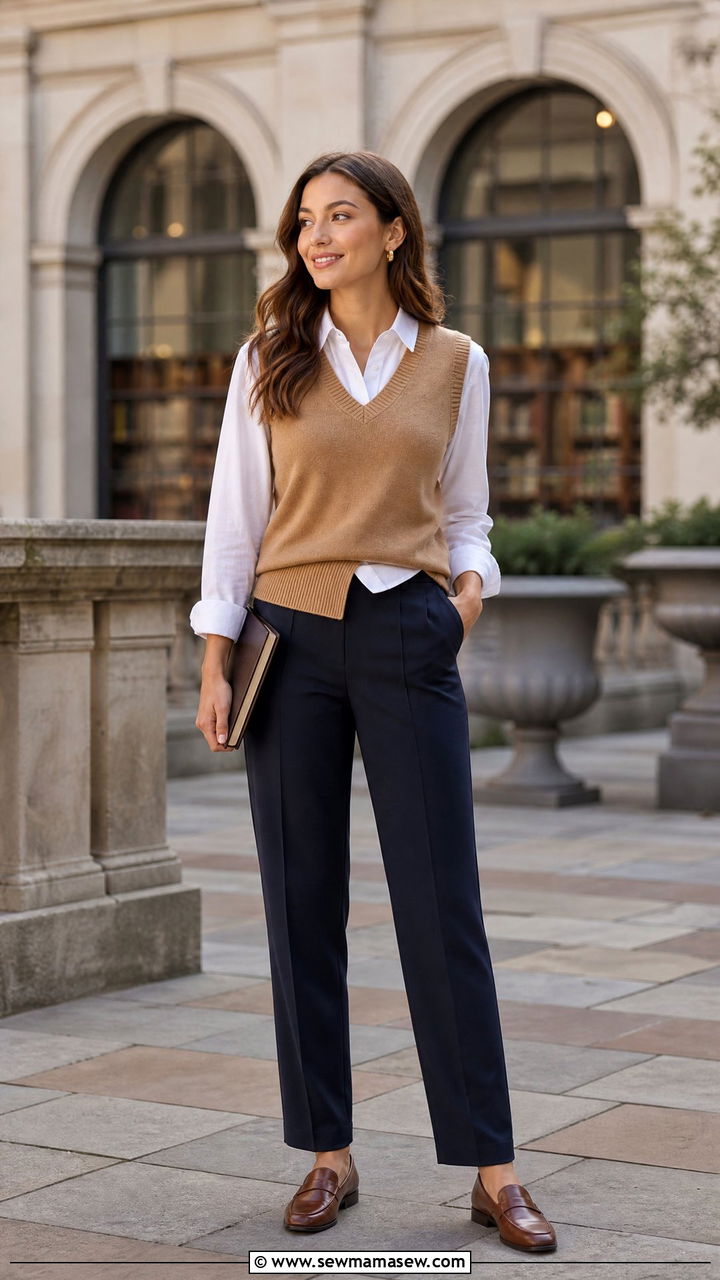 Sweater Vest with Tailored Trousers and Loafers Graduation Outfit - 25 Graduation photo shoot outfit ideas