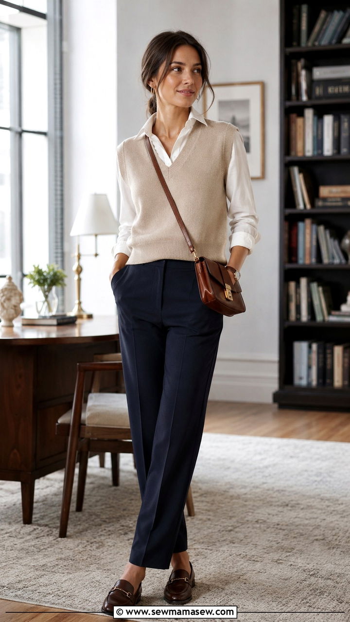 Sweater Vest with Tailored Trousers and Loafers - 25 work outfits inspo