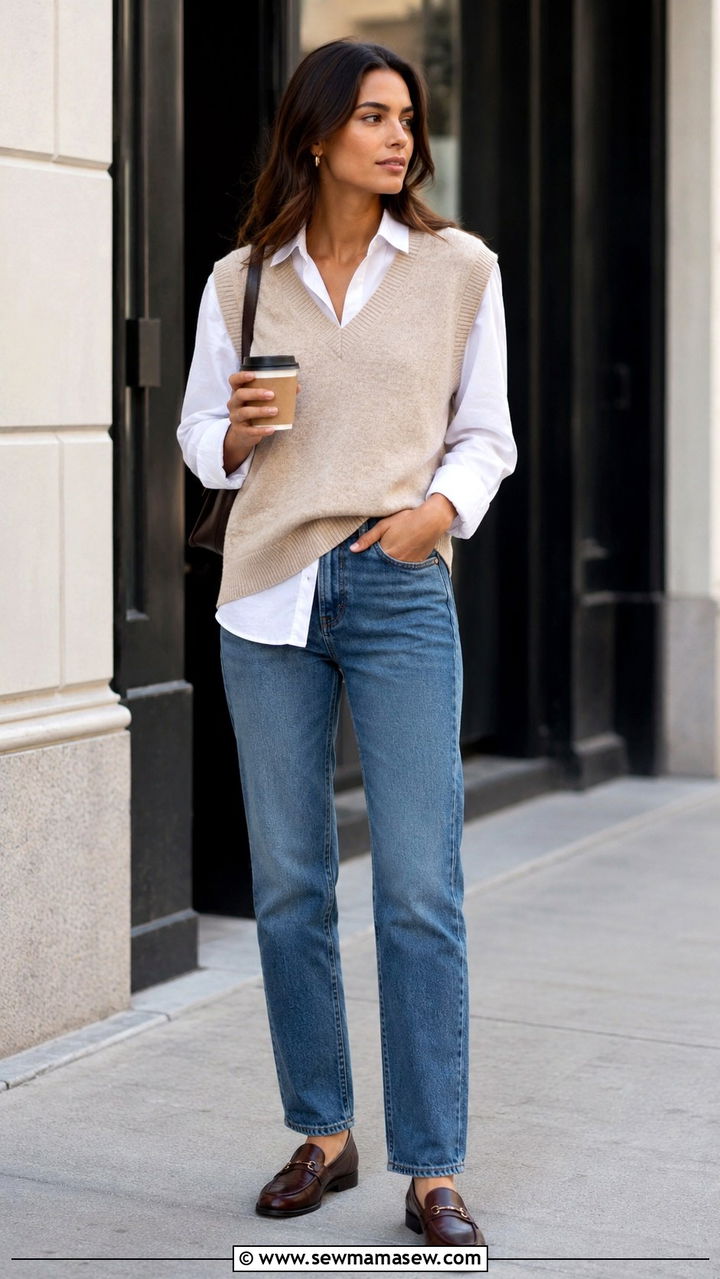 Sweater Vest with White Button Down Shirt and Straight Leg Jeans - 30 sweater vest outfit ideas for women