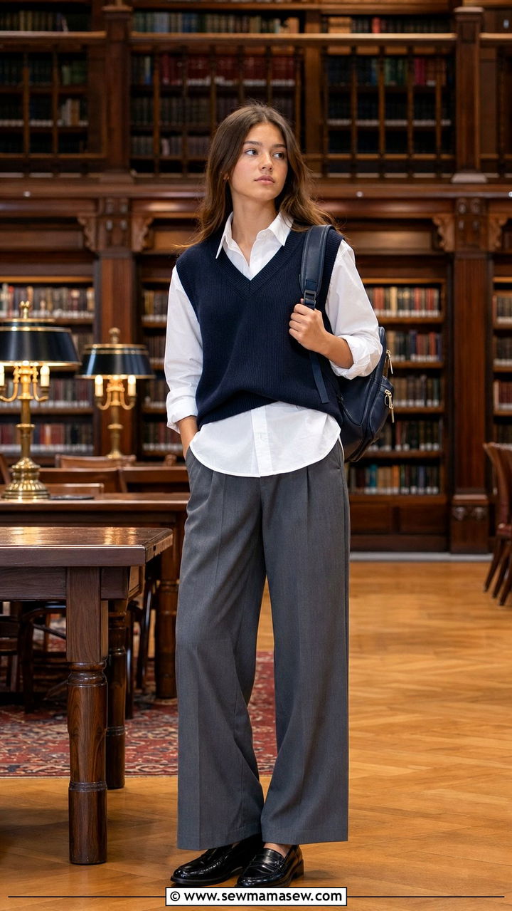 Sweater Vest with White Button Down Shirt and Trousers Outfit - 35 Back to school outfit ideas 10th grade