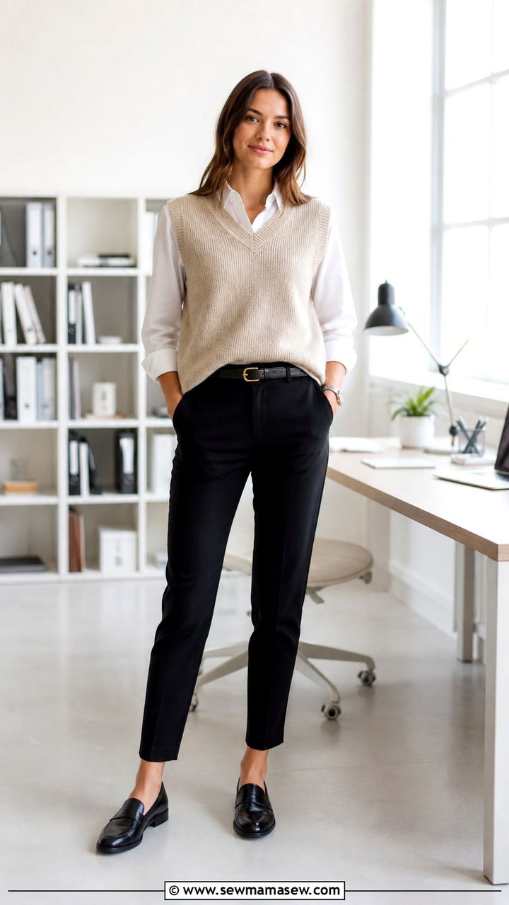 Sweater Vest with White Button Up and Cigarette Pants - 40 office outfits ideas