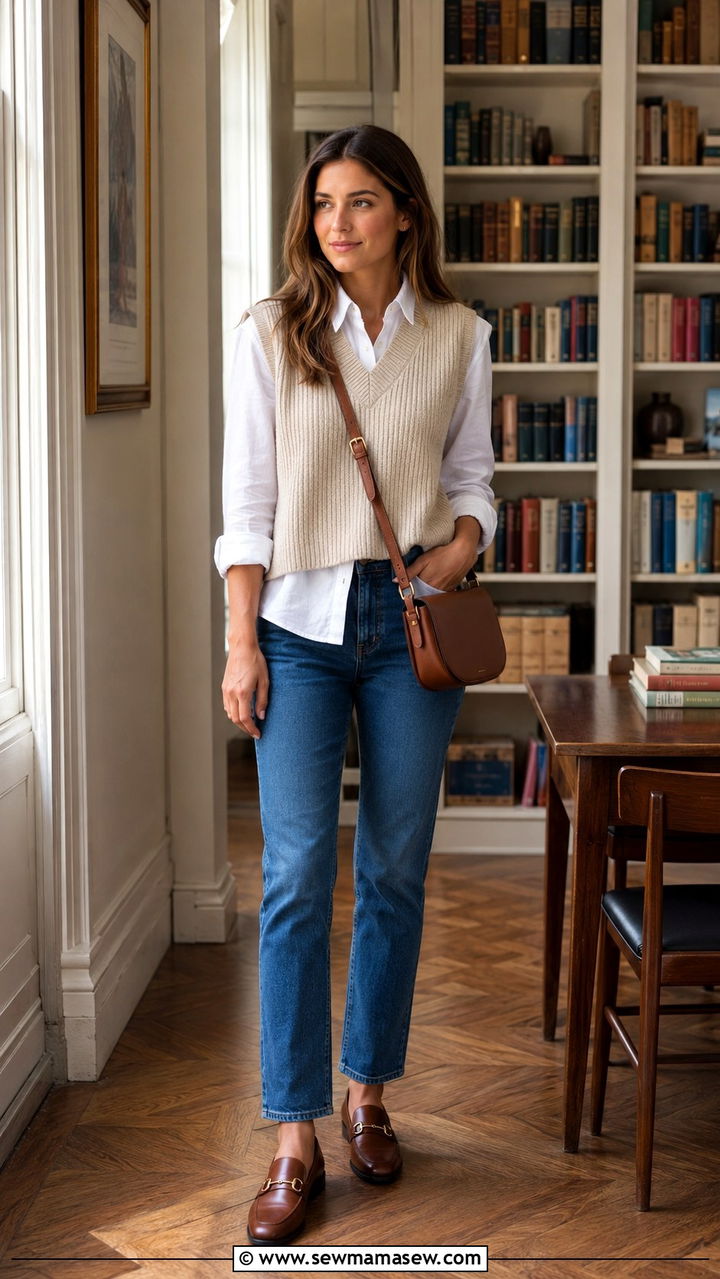 Sweater Vest with White Shirt and Jeans Outfit - 30 Late summer outfits