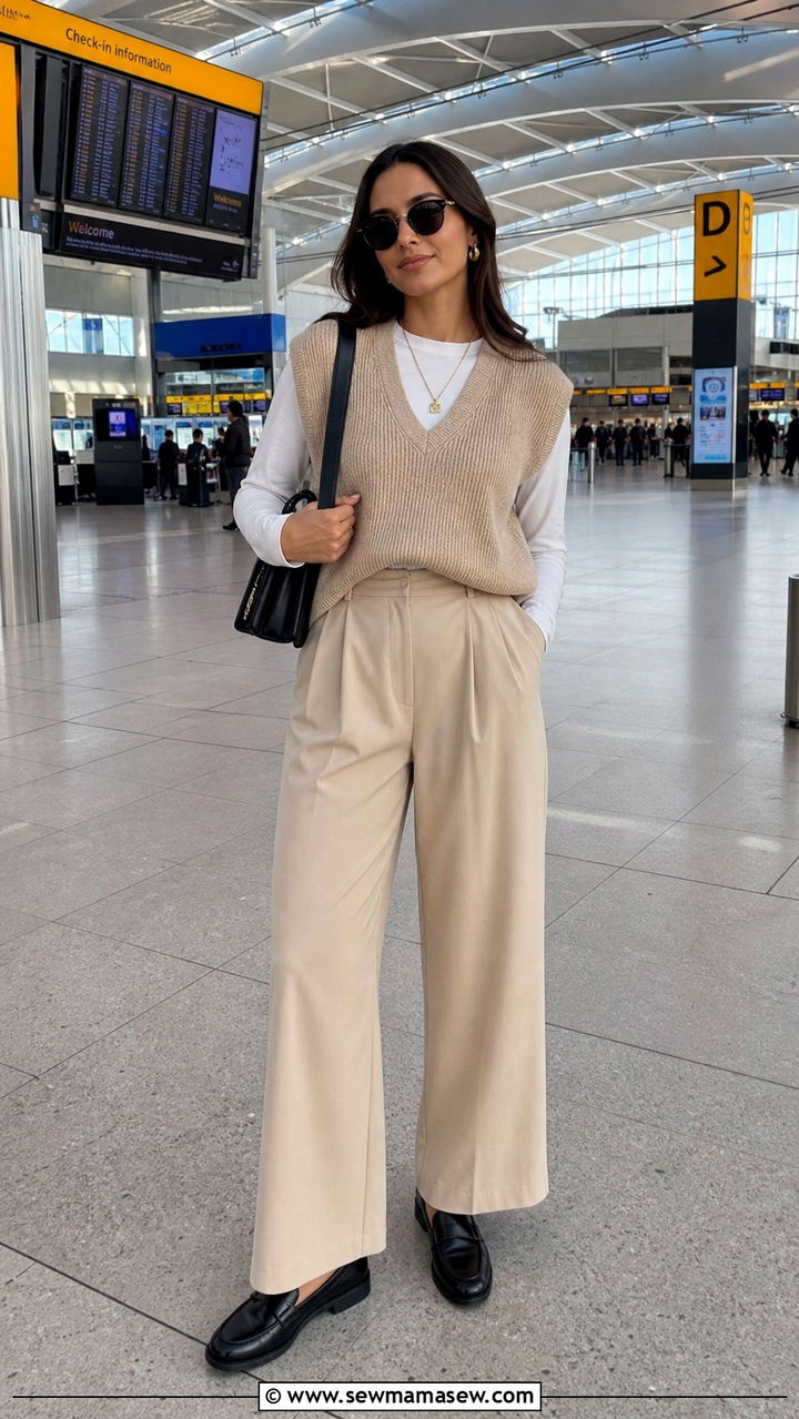 Sweater Vest with White Tee and Wide Leg Trousers - 20 Airport outfit ideas pinterest 2026