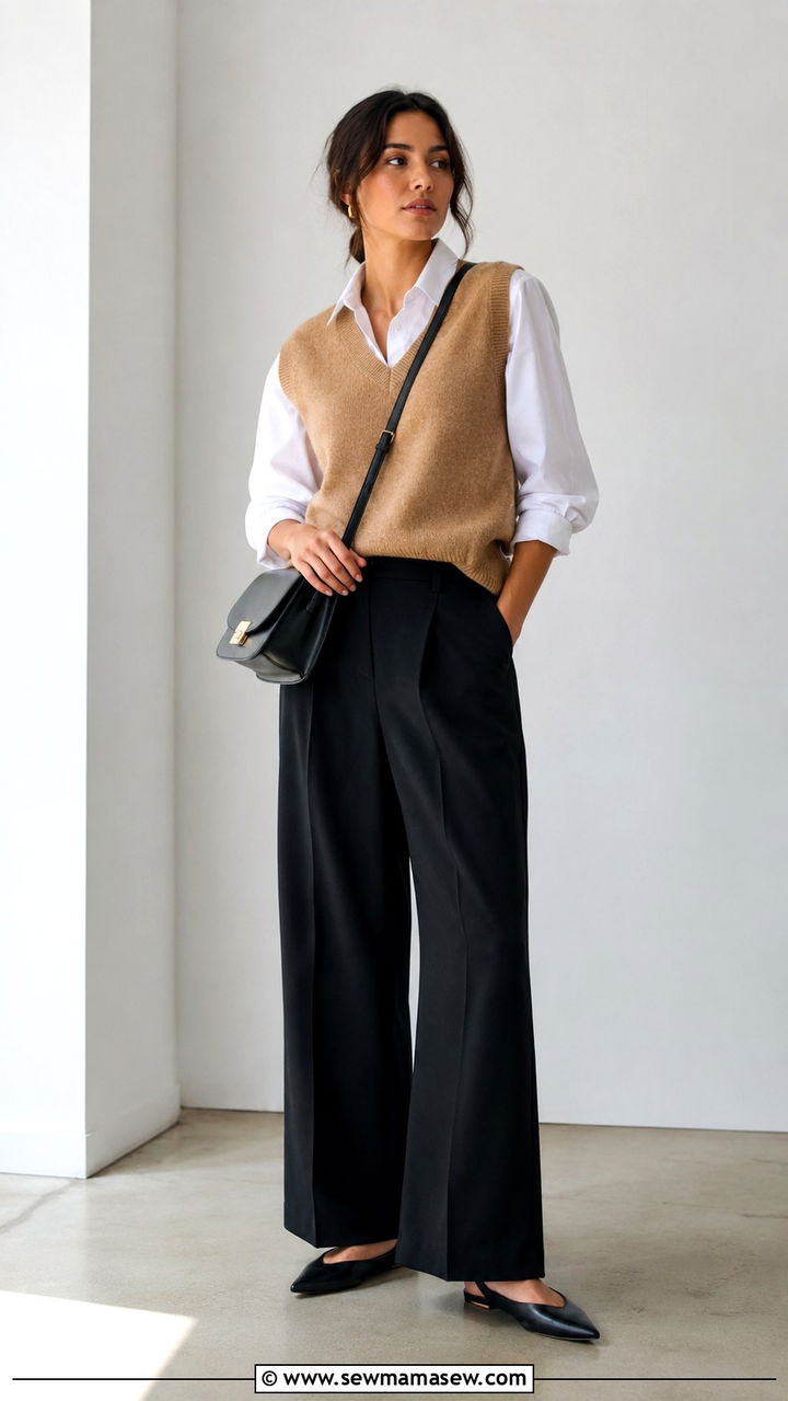 Sweater Vest with Wide Leg Trousers and Slingback Flats - 20 summer to fall outfits trends
