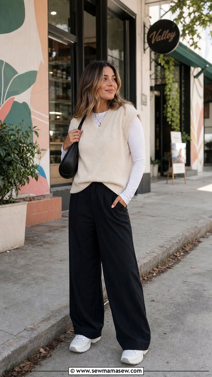 Sweater Vest with Wide Leg Trousers and Sneakers Outfit - 25 Cross season outfit ideas