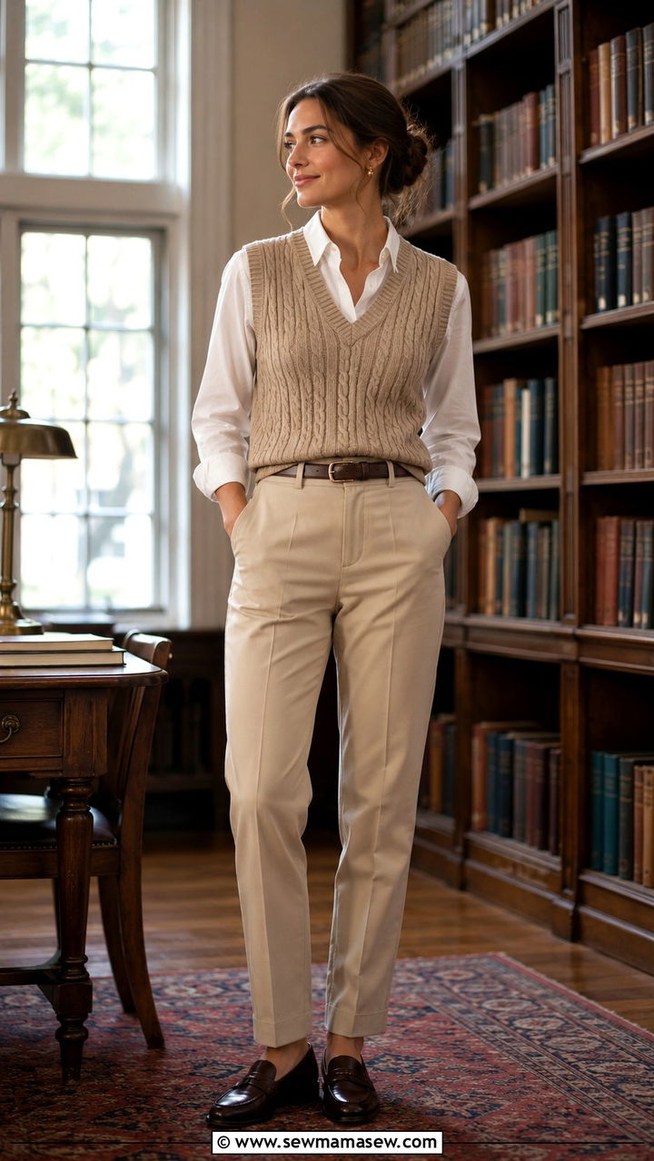 Sweater Vest with a Button Down Shirt and Crease Front Chinos - 30 business casual outfits aesthetic