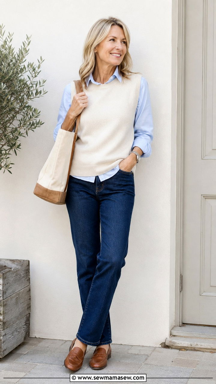 Sweater Vest with a Collared Shirt and Straight Leg Jeans - 30 Outfit ideas for women over 45
